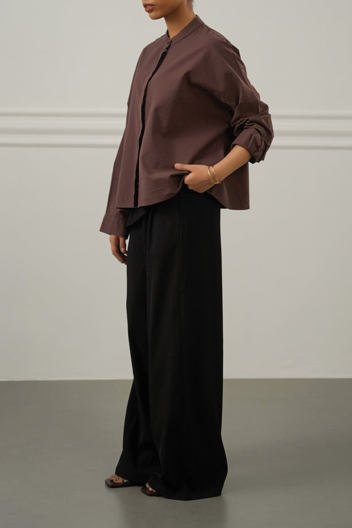 BROWN OVERSIZED BAND COLLAR SHIRT