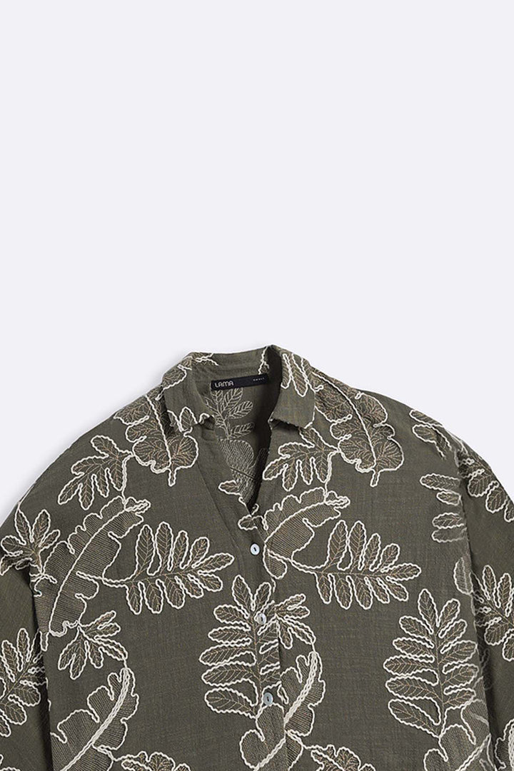 GREEN CORD COTTON EMBROIDERY SHIRT
