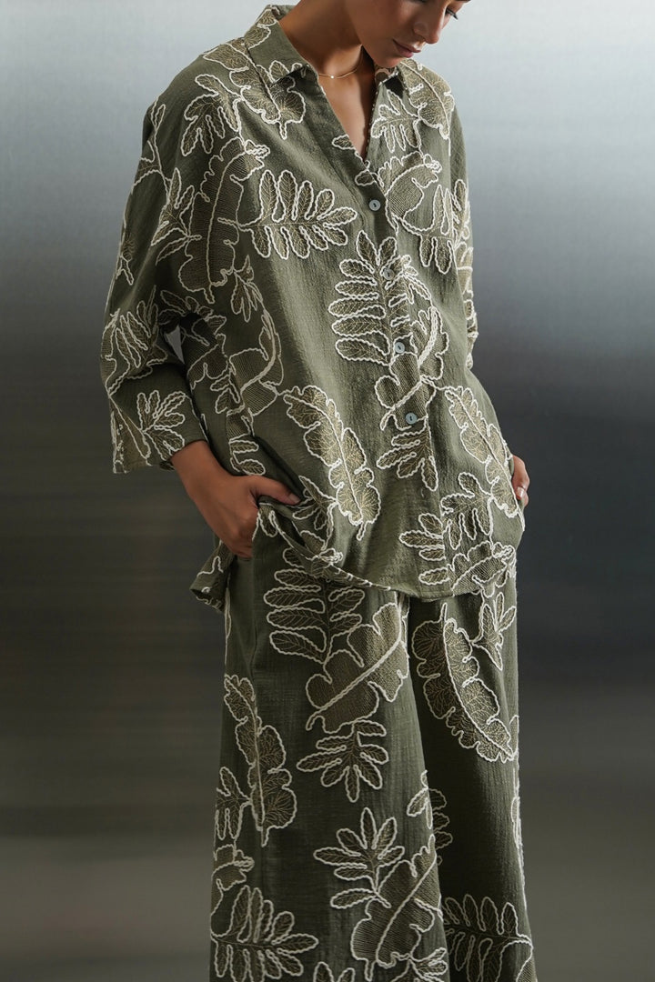 GREEN CORD COTTON EMBROIDERY SHIRT