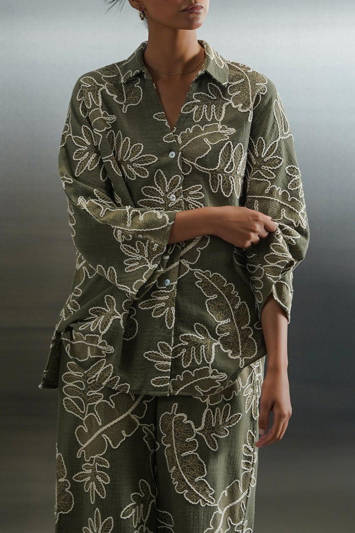 GREEN CORD COTTON EMBROIDERY SHIRT