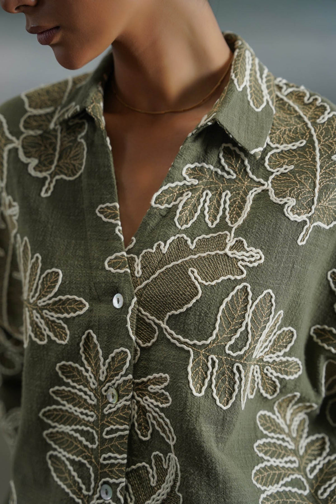 GREEN CORD COTTON EMBROIDERY SHIRT