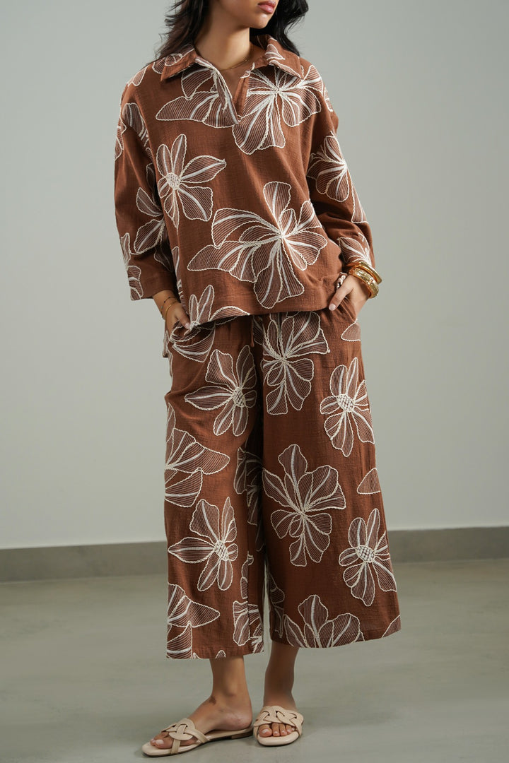 BROWN CORD COTTON EMBROIDERY SHIRT