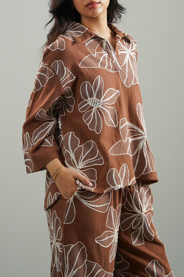 BROWN CORD COTTON EMBROIDERY SHIRT