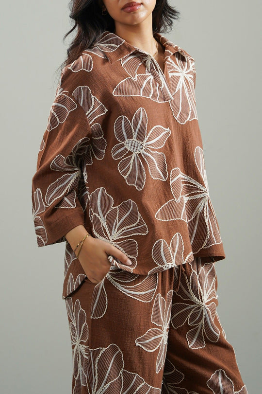 BROWN CORD COTTON EMBROIDERY SHIRT