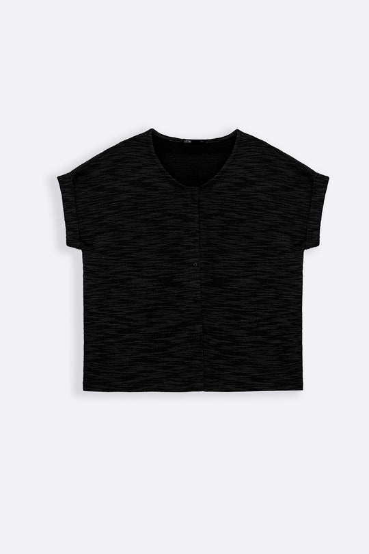 BLACK TEXTURED KNIT BUTTON-DOWN