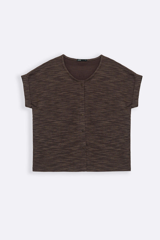 DARK BROWN TEXTURED KNIT BUTTON-DOWN