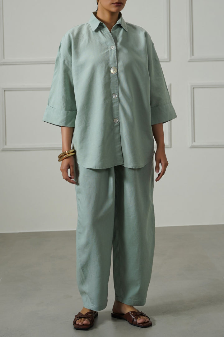 AQUA LYOCELL LINEN BUTTON SHIRT