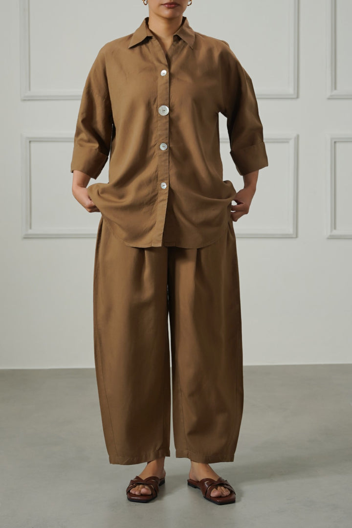 BROWN LYOCELL LINEN BUTTON SHIRT