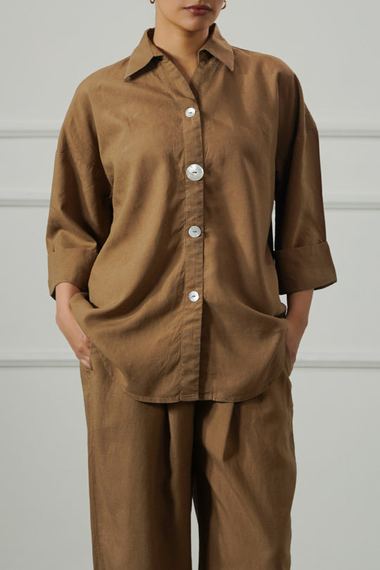 BROWN LYOCELL LINEN BUTTON SHIRT