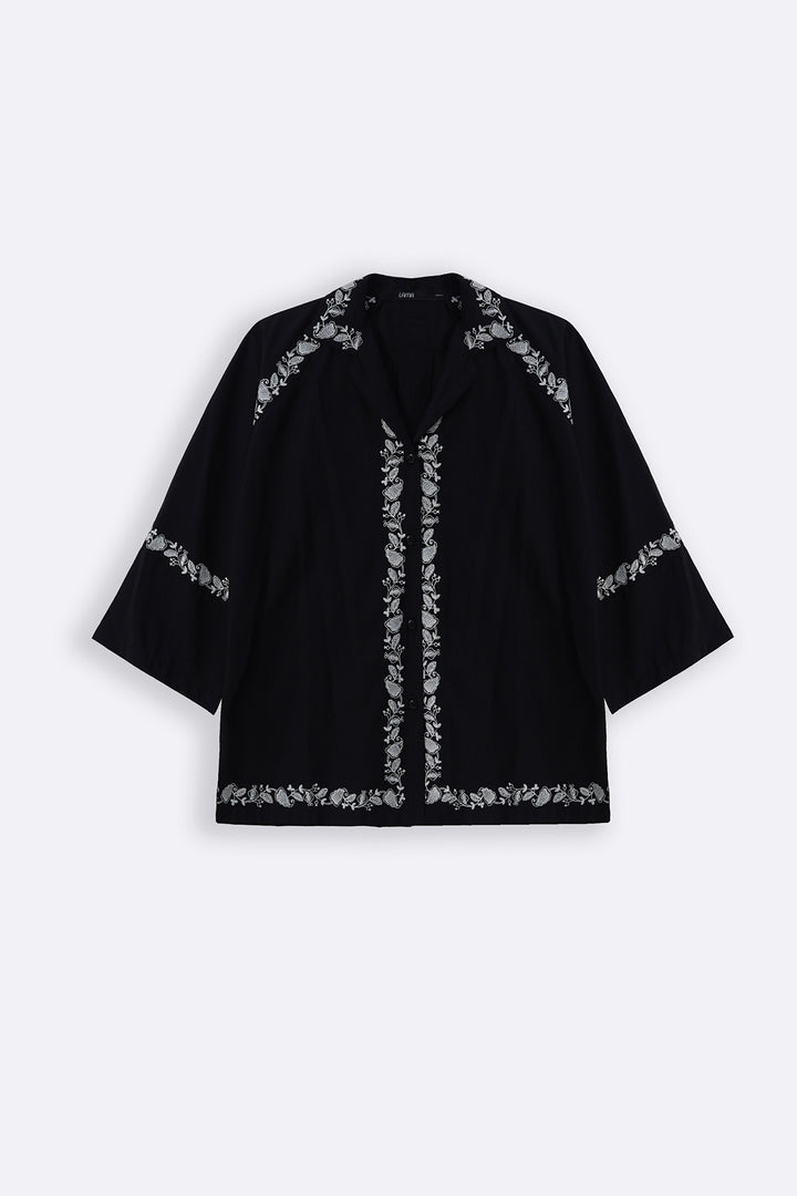 BLACK BRODERIE LAPEL SHIRT