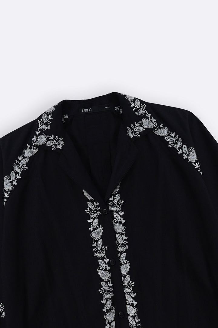 BLACK BRODERIE LAPEL SHIRT