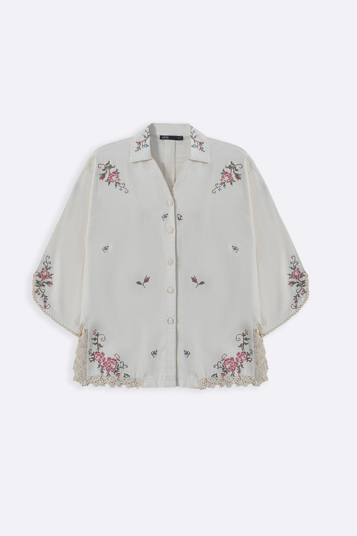 ECRU COTTON LACE ROSE SHIRT