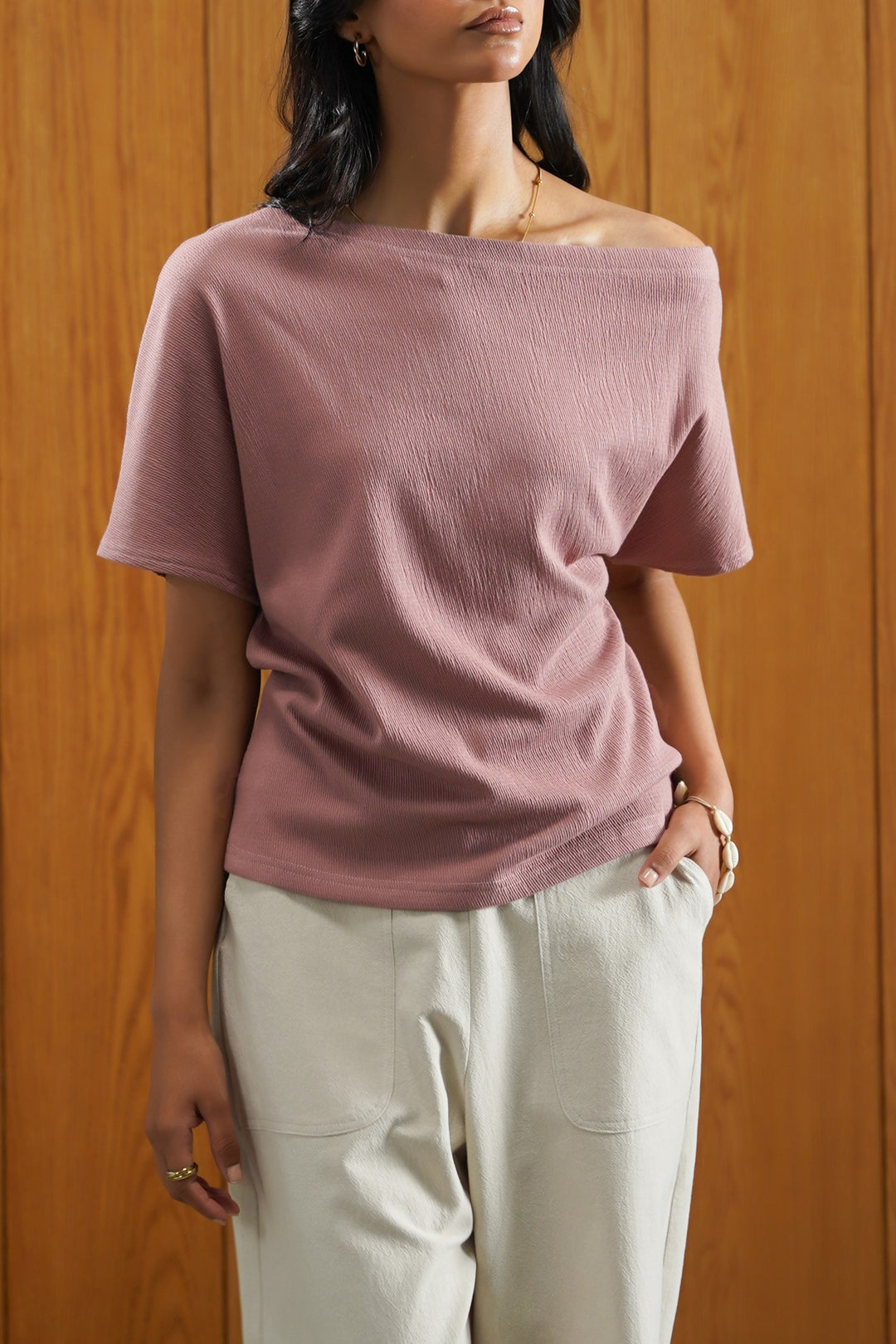PASTEL PINK TEXTURED BLOUSON KNIT TOP
