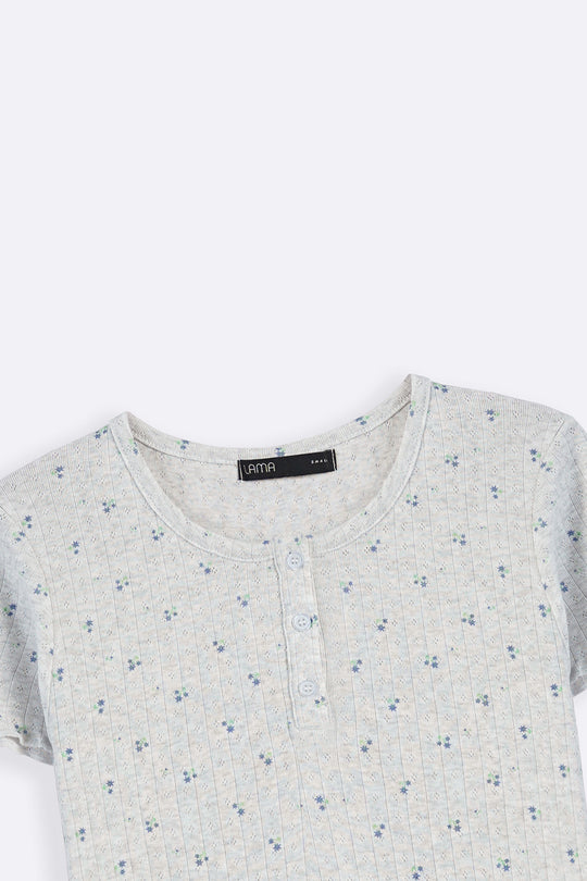 GREY FLORAL HENLEY TEE