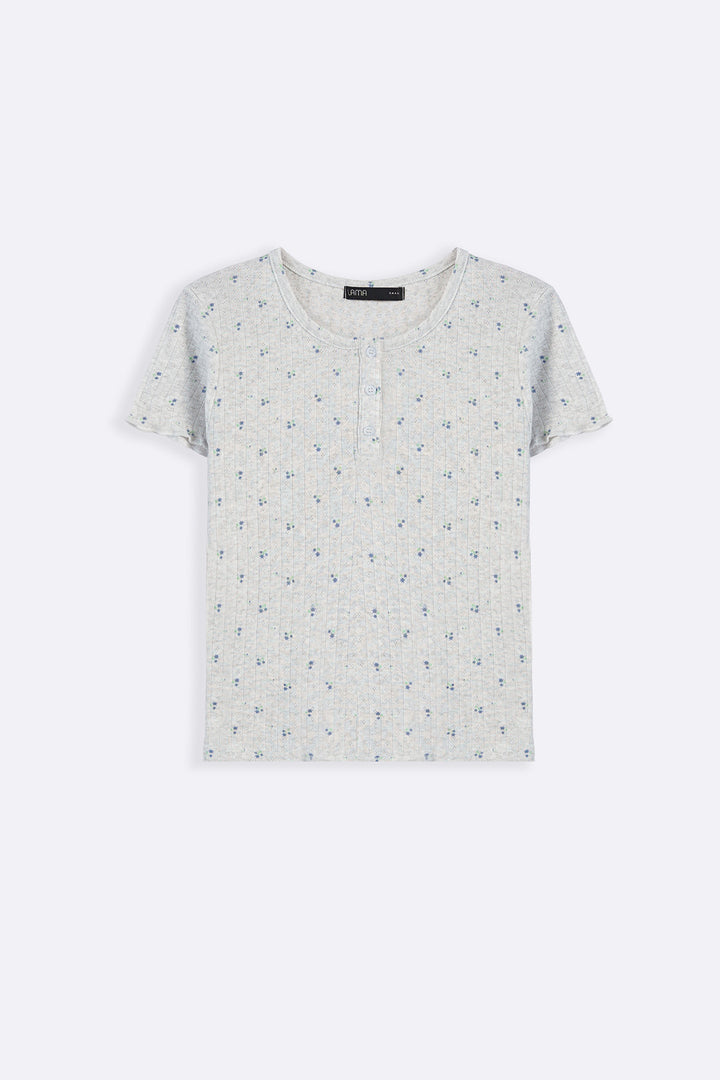 GREY FLORAL HENLEY TEE