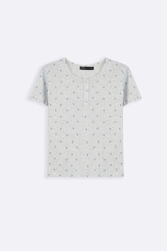 GREY FLORAL HENLEY TEE