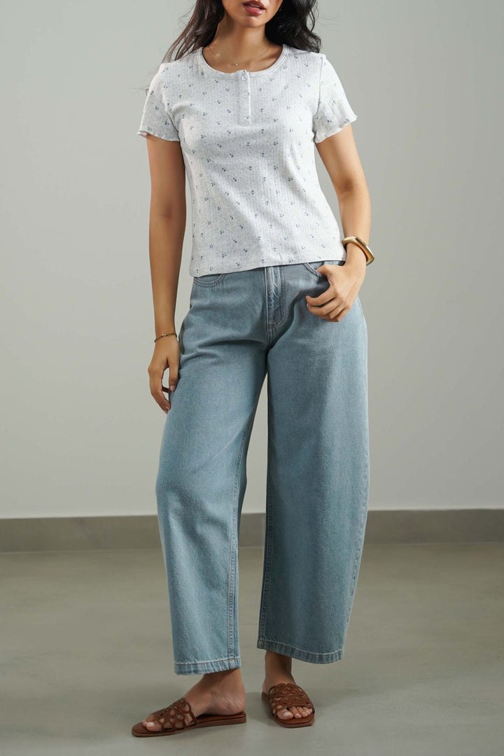 GREY FLORAL HENLEY TEE