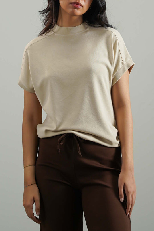 BEIGE FUNNEL NECK KNIT TOP