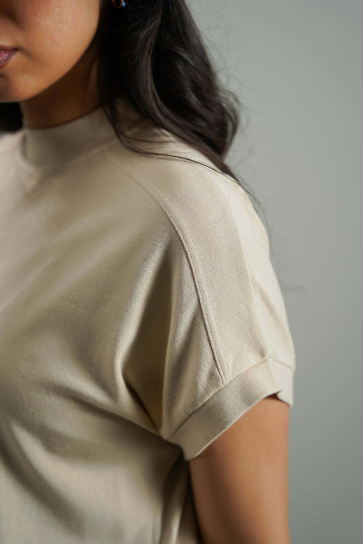 BEIGE FUNNEL NECK KNIT TOP