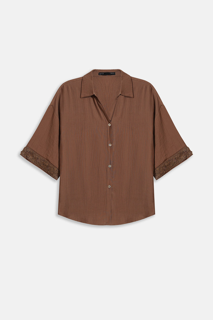 BROWN LACE TRIM BLOUSE