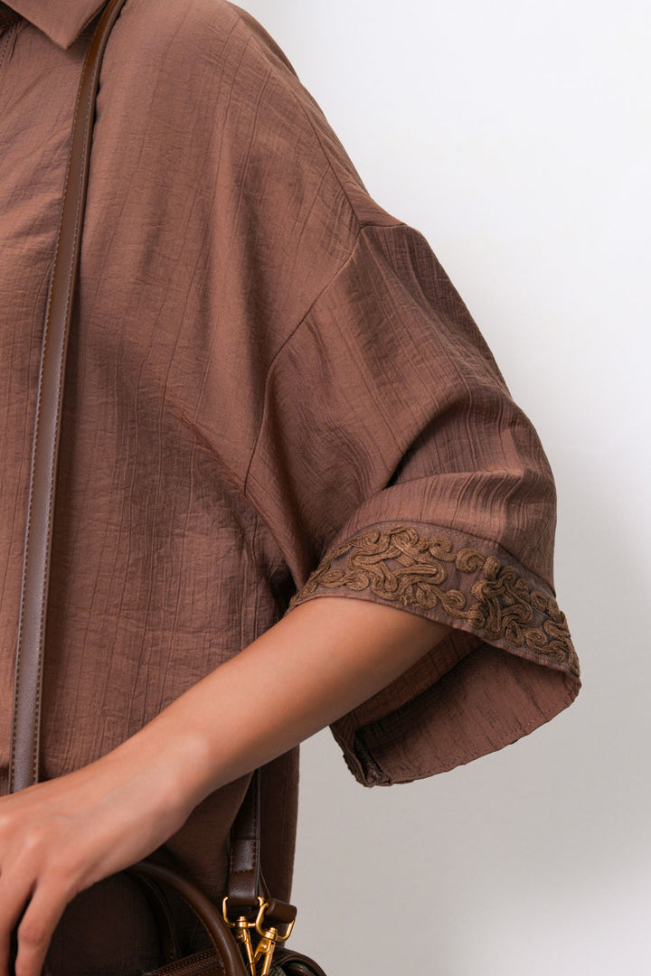 BROWN LACE TRIM BLOUSE