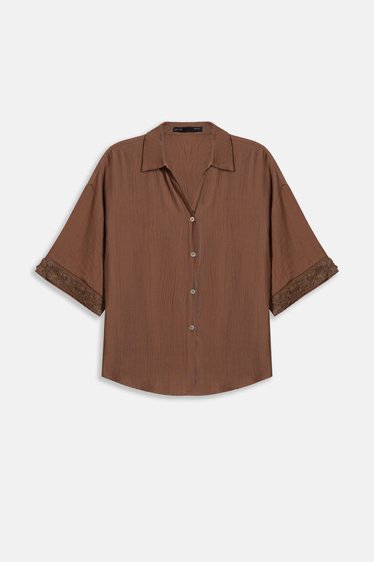 BROWN LACE TRIM BLOUSE