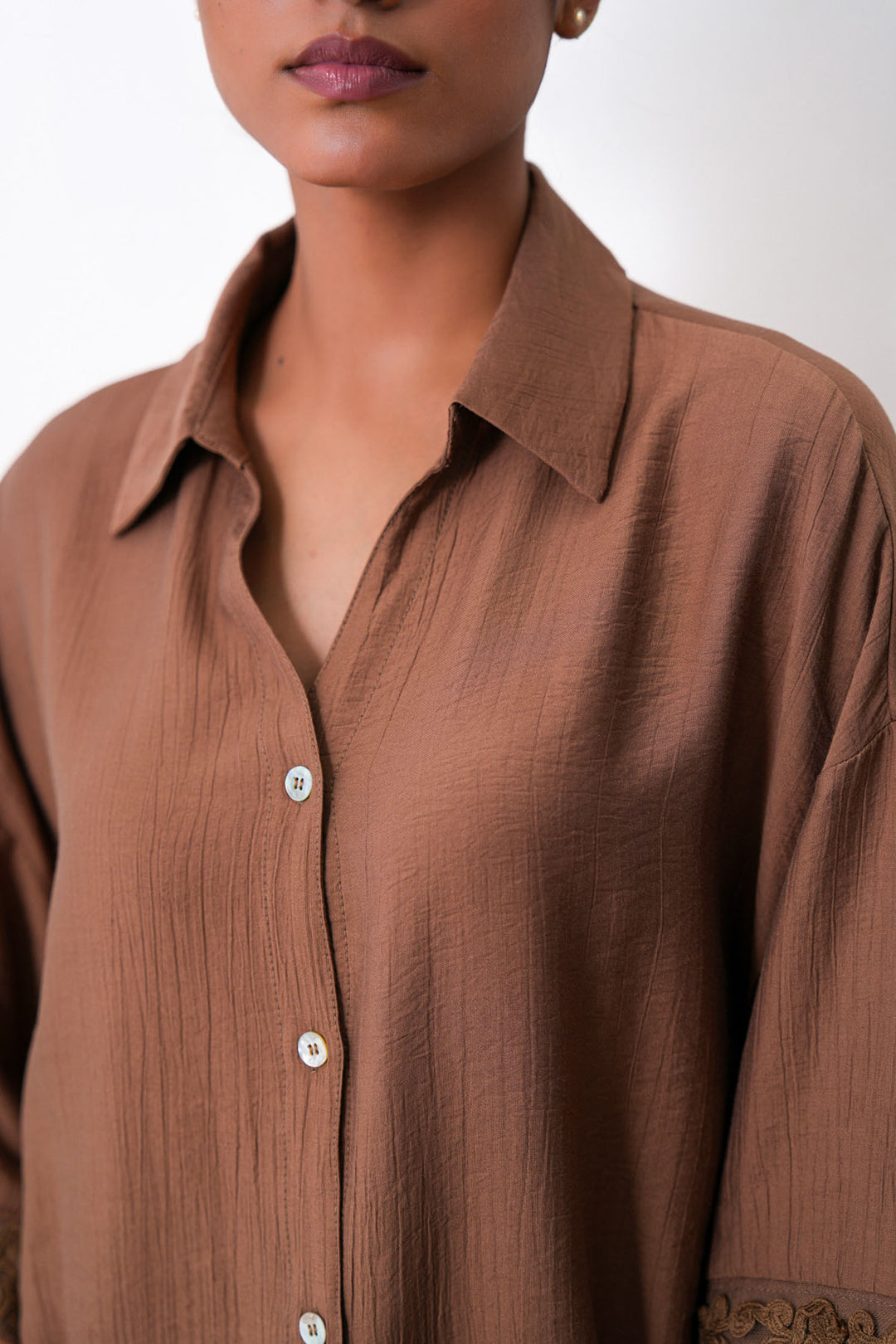 BROWN LACE TRIM BLOUSE