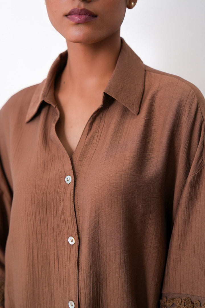 BROWN LACE TRIM BLOUSE