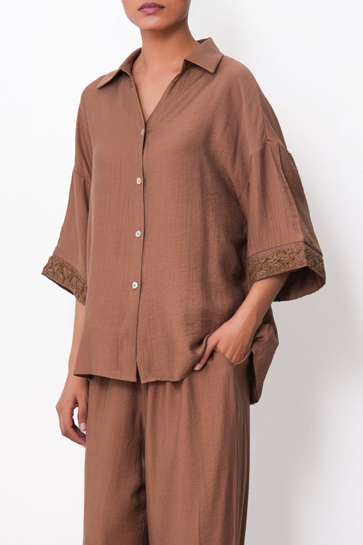 BROWN LACE TRIM BLOUSE