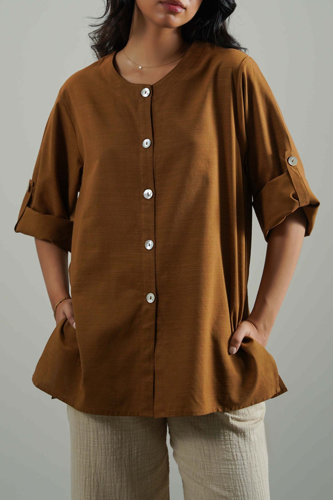 BROWN SOFT SLUB BLOUSE