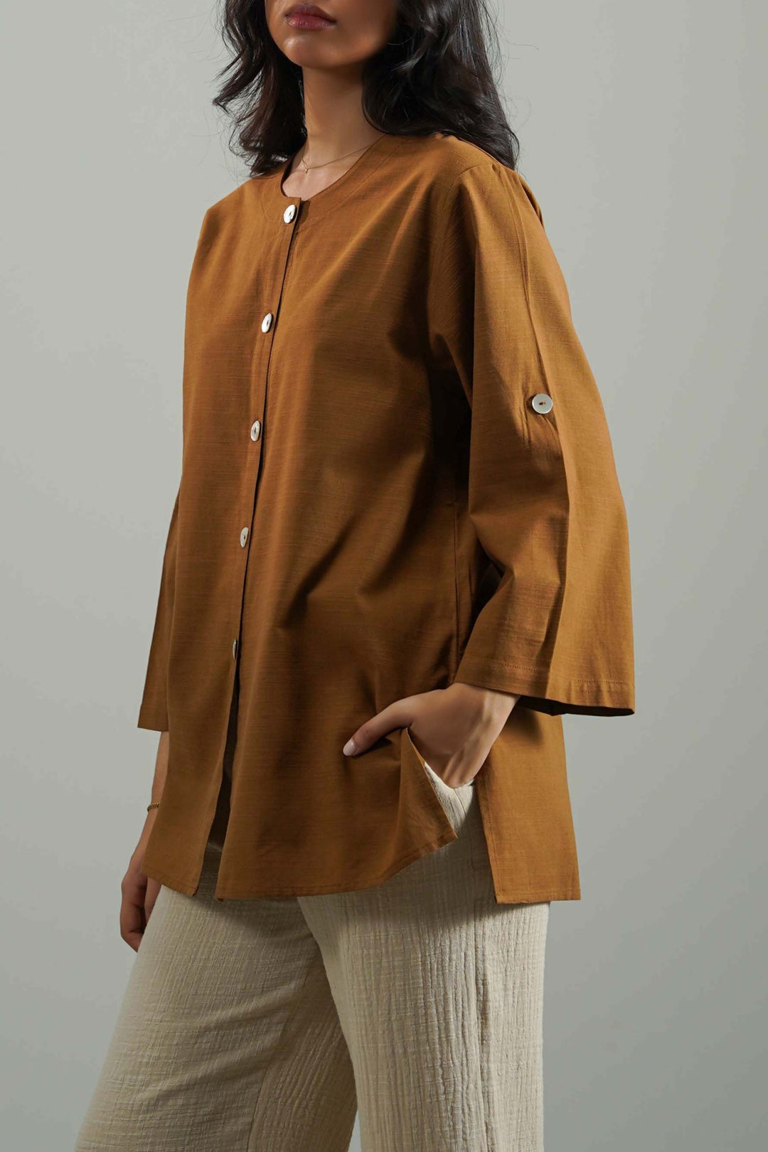 BROWN SOFT SLUB BLOUSE