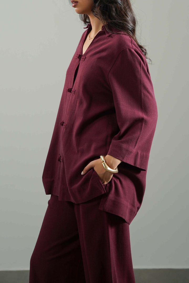 BURGUNDY SIGNATURE LINEN BLEND SHIRT