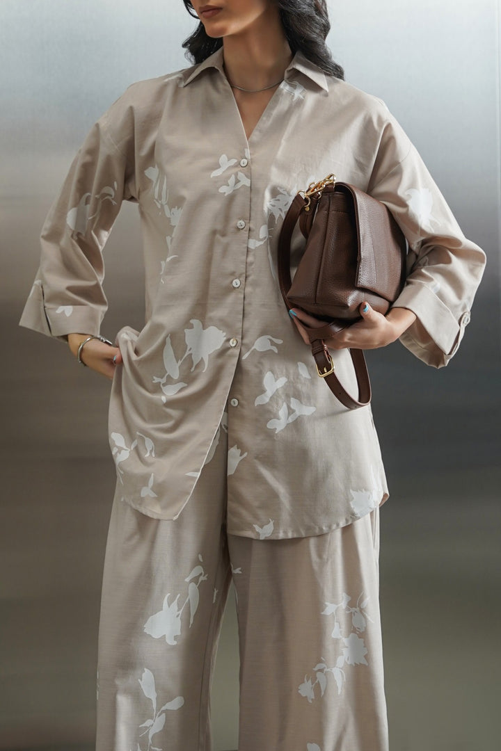 BEIGE PETAL IMPRINT SHIRT