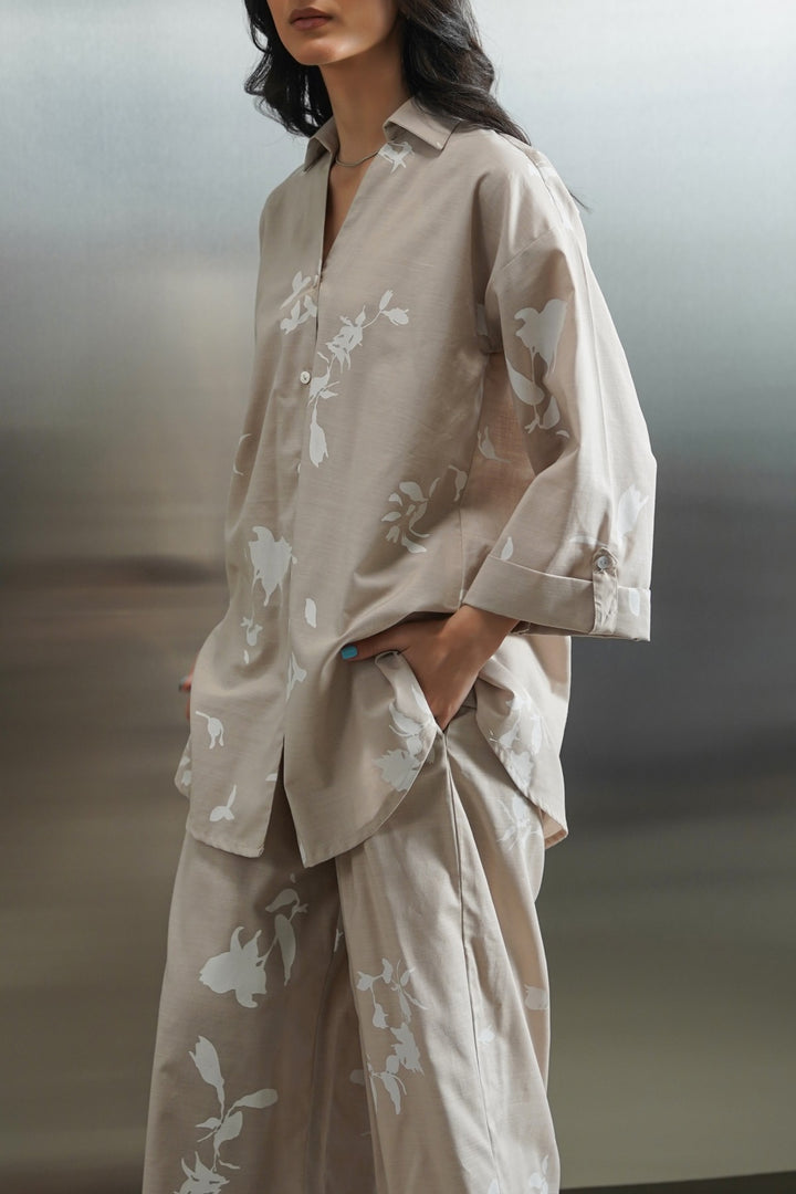BEIGE PETAL IMPRINT SHIRT