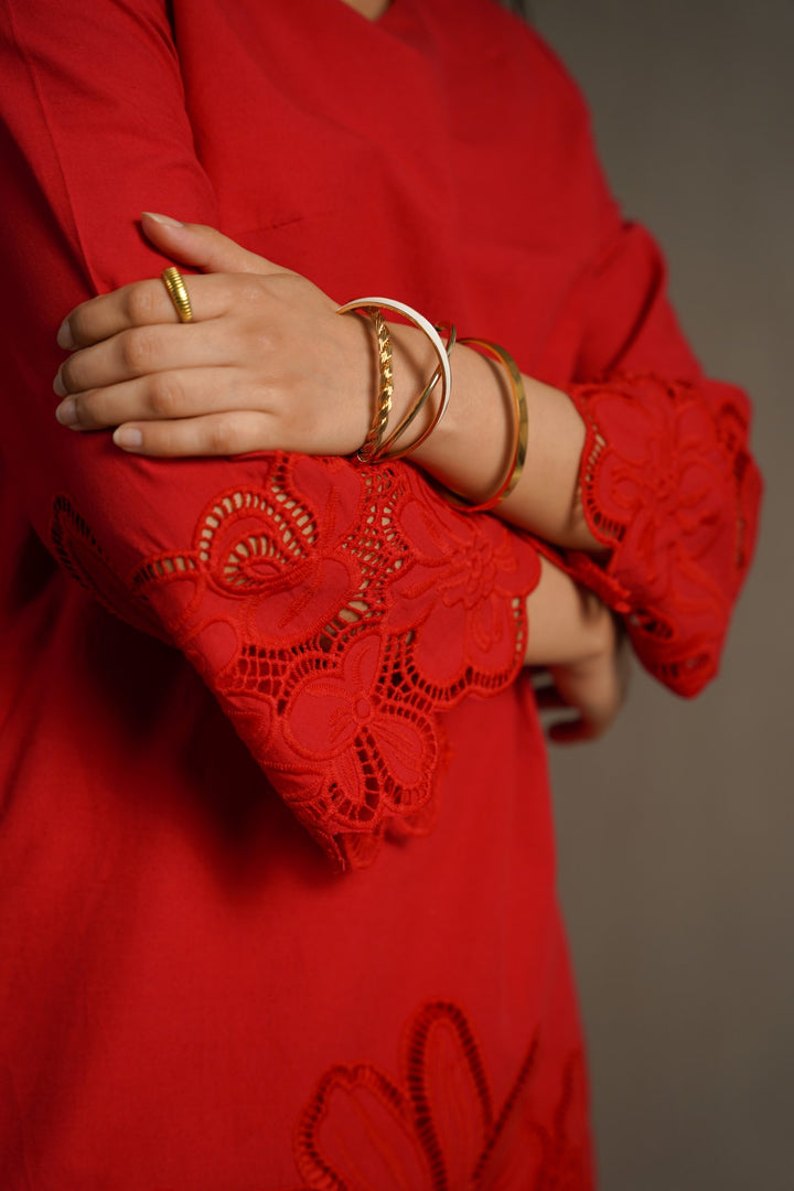 RED BOTANICAL CUTWORK TOP