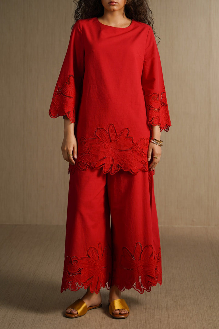 RED BOTANICAL CUTWORK TOP