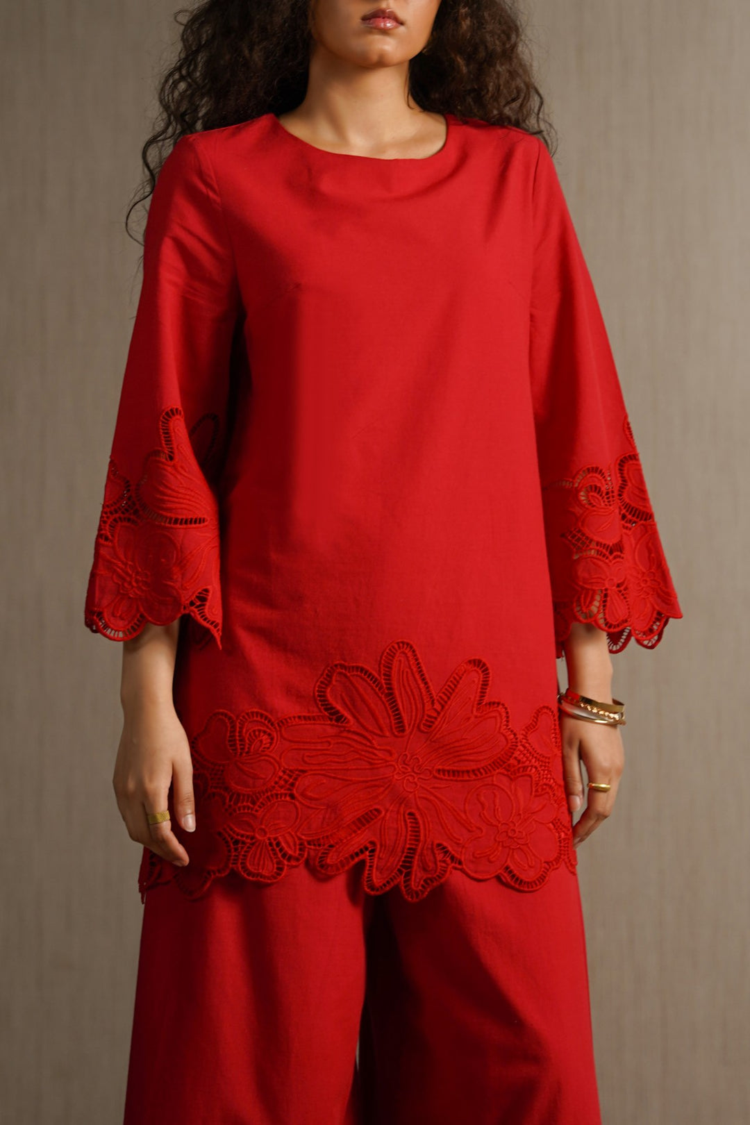 RED BOTANICAL CUTWORK TOP