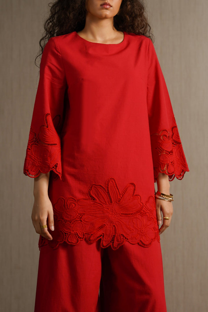 RED BOTANICAL CUTWORK TOP
