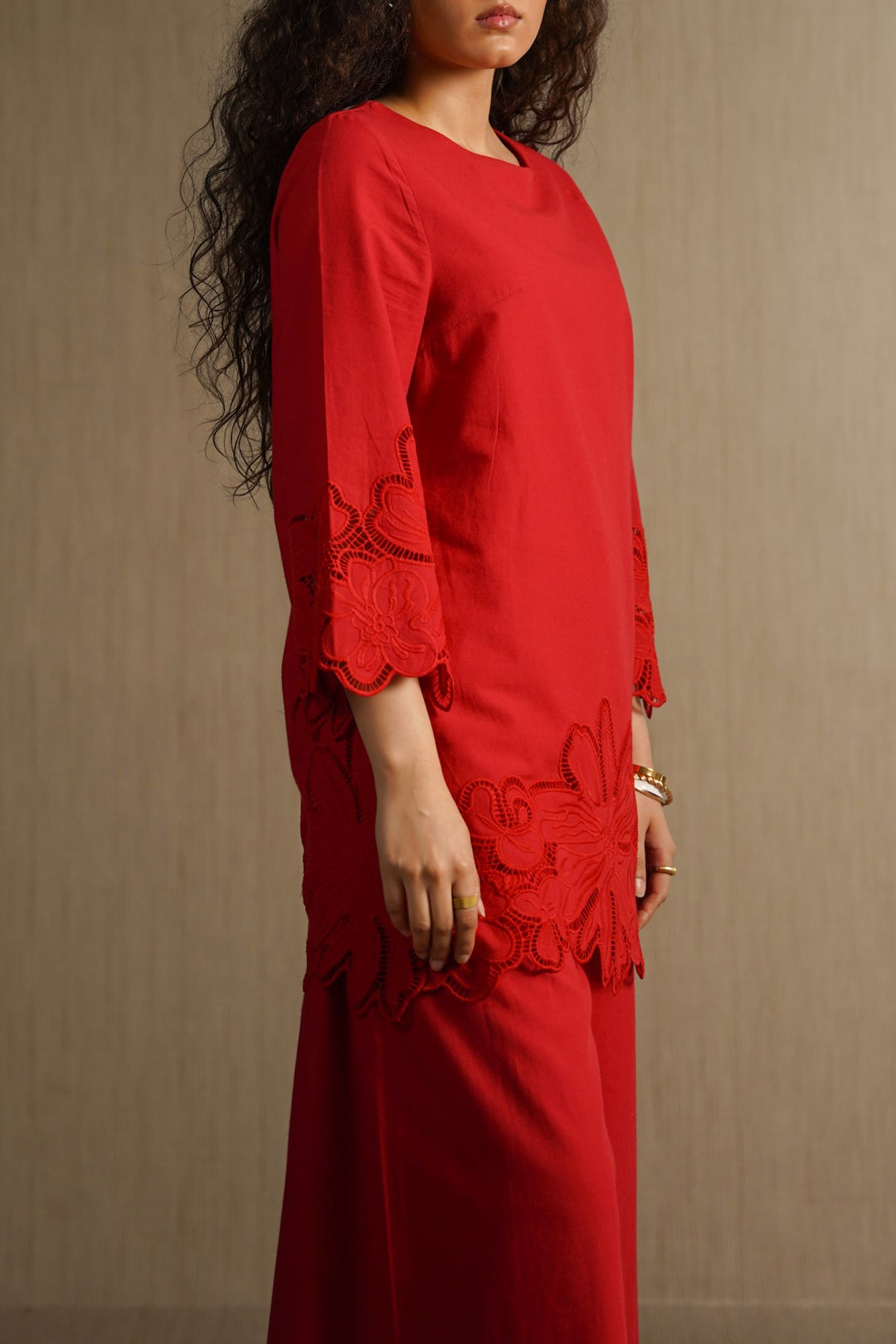 RED BOTANICAL CUTWORK TOP