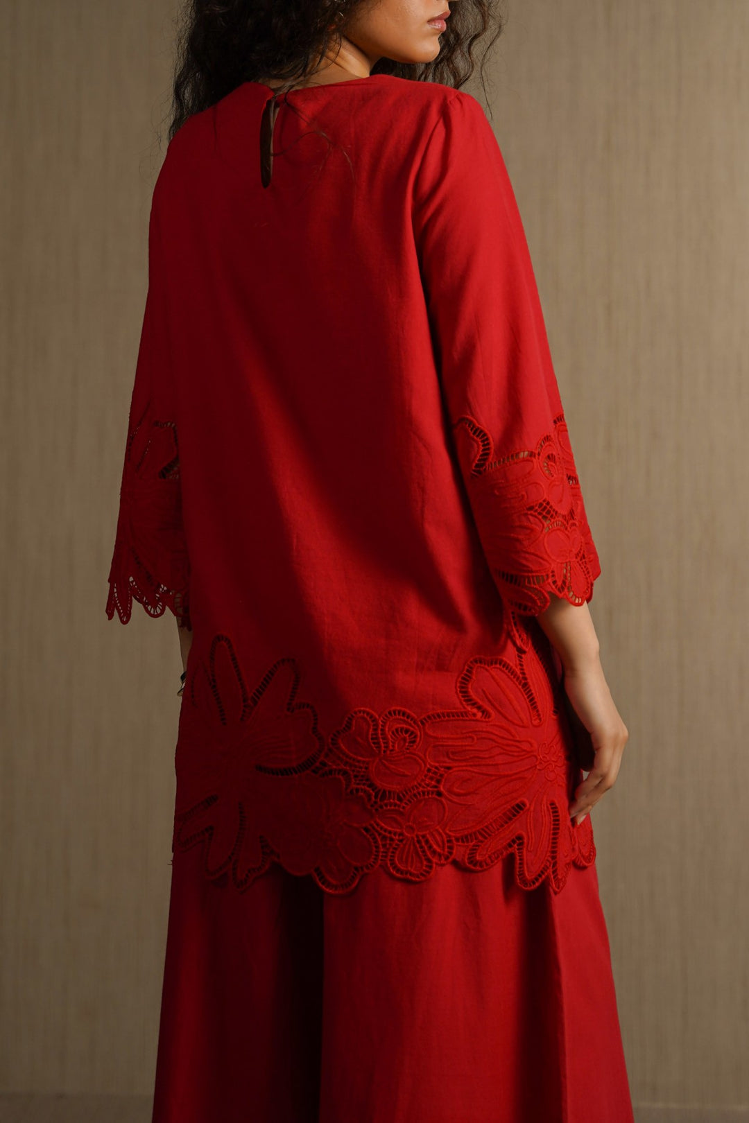 RED BOTANICAL CUTWORK TOP