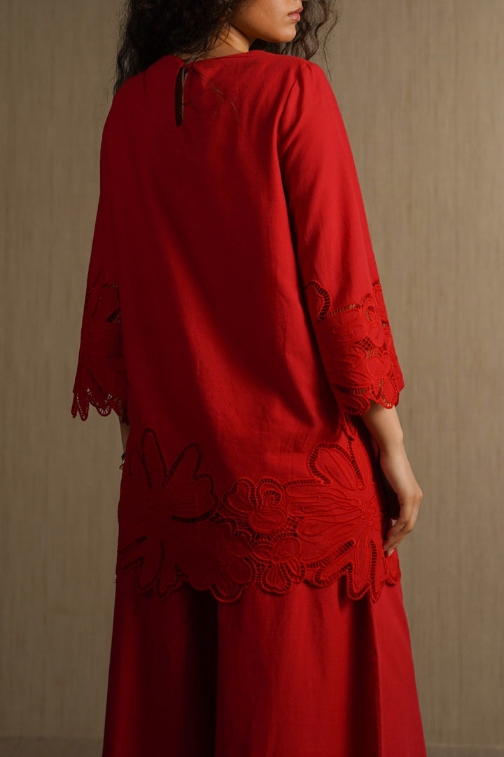 RED BOTANICAL CUTWORK TOP
