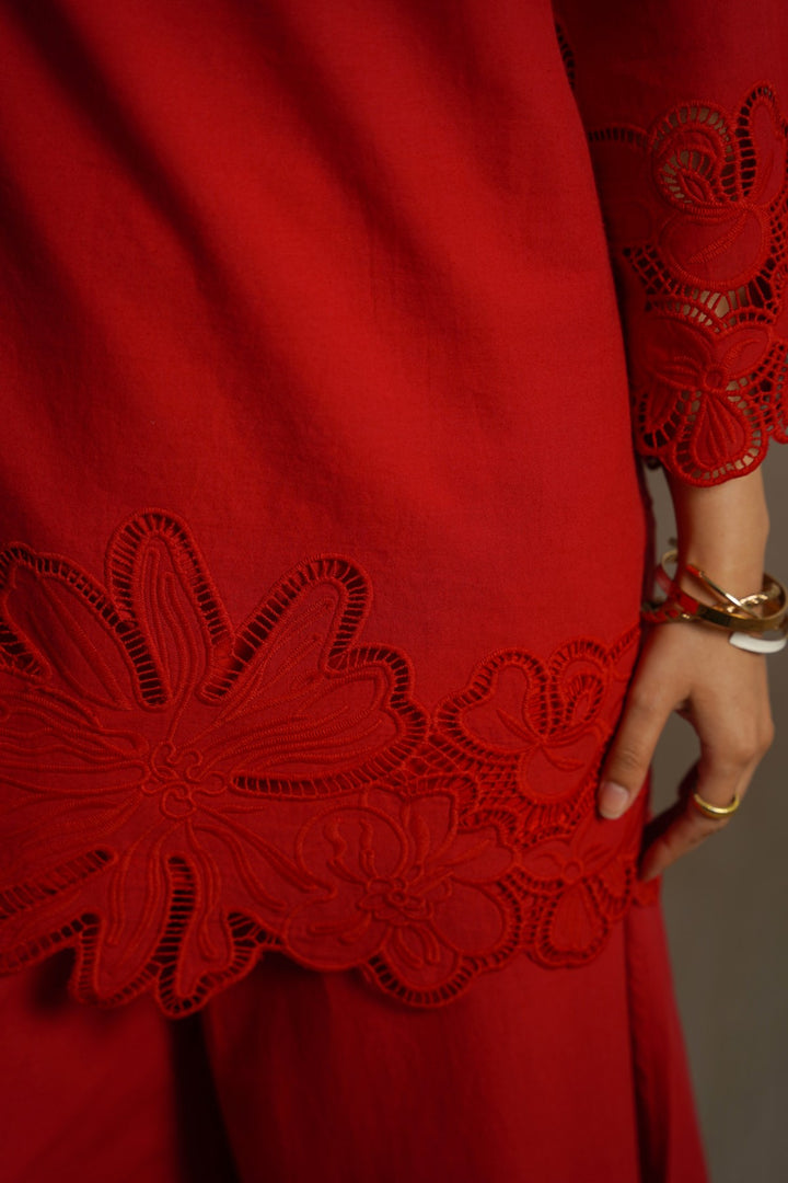 RED BOTANICAL CUTWORK TOP