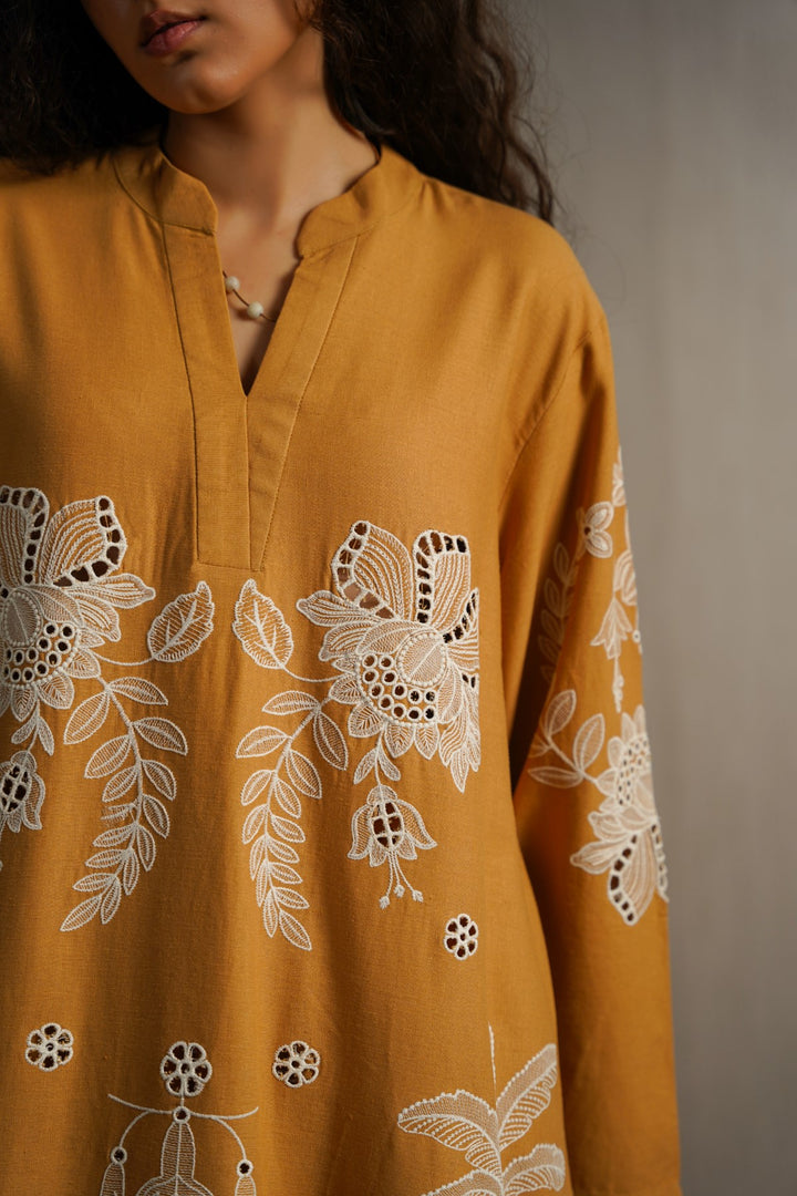 MUSTARD OCHRE BLOOM EMBROIDERED TUNIC