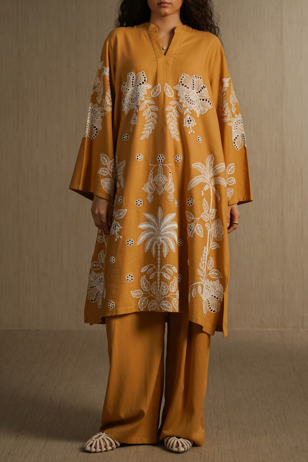 MUSTARD OCHRE BLOOM EMBROIDERED TUNIC