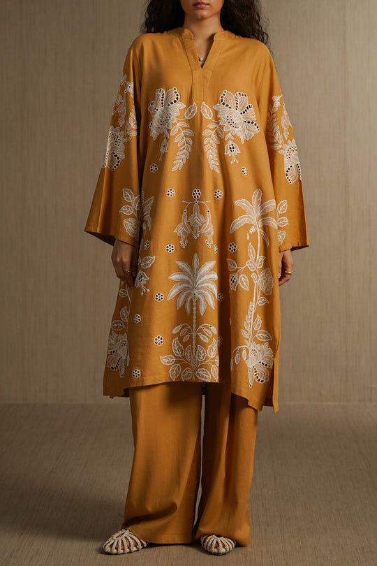 MUSTARD OCHRE BLOOM EMBROIDERED TUNIC