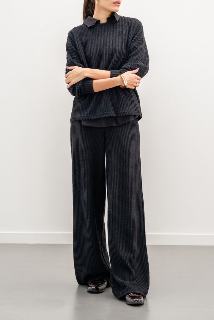 BLACK WAFFLE KNIT PANTS