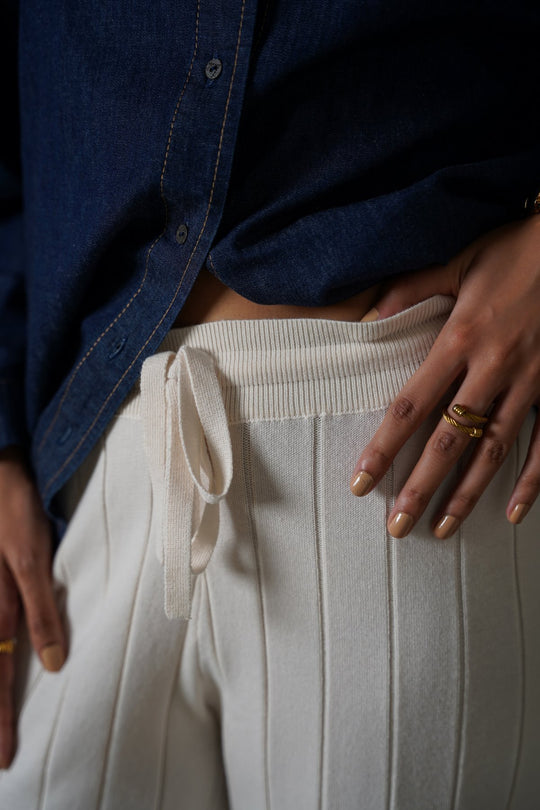 OAT WHITE RIB-KNIT STRAIGHT PANTS