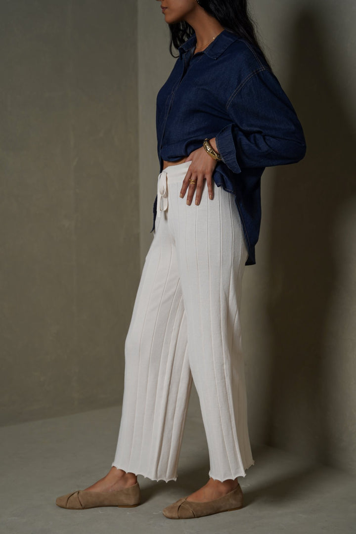 OAT WHITE RIB-KNIT STRAIGHT PANTS