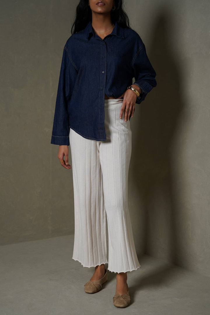 OAT WHITE RIB-KNIT STRAIGHT PANTS