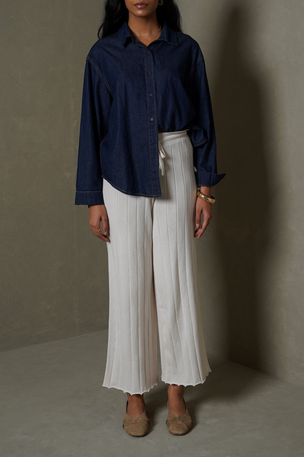 OAT WHITE RIB-KNIT STRAIGHT PANTS